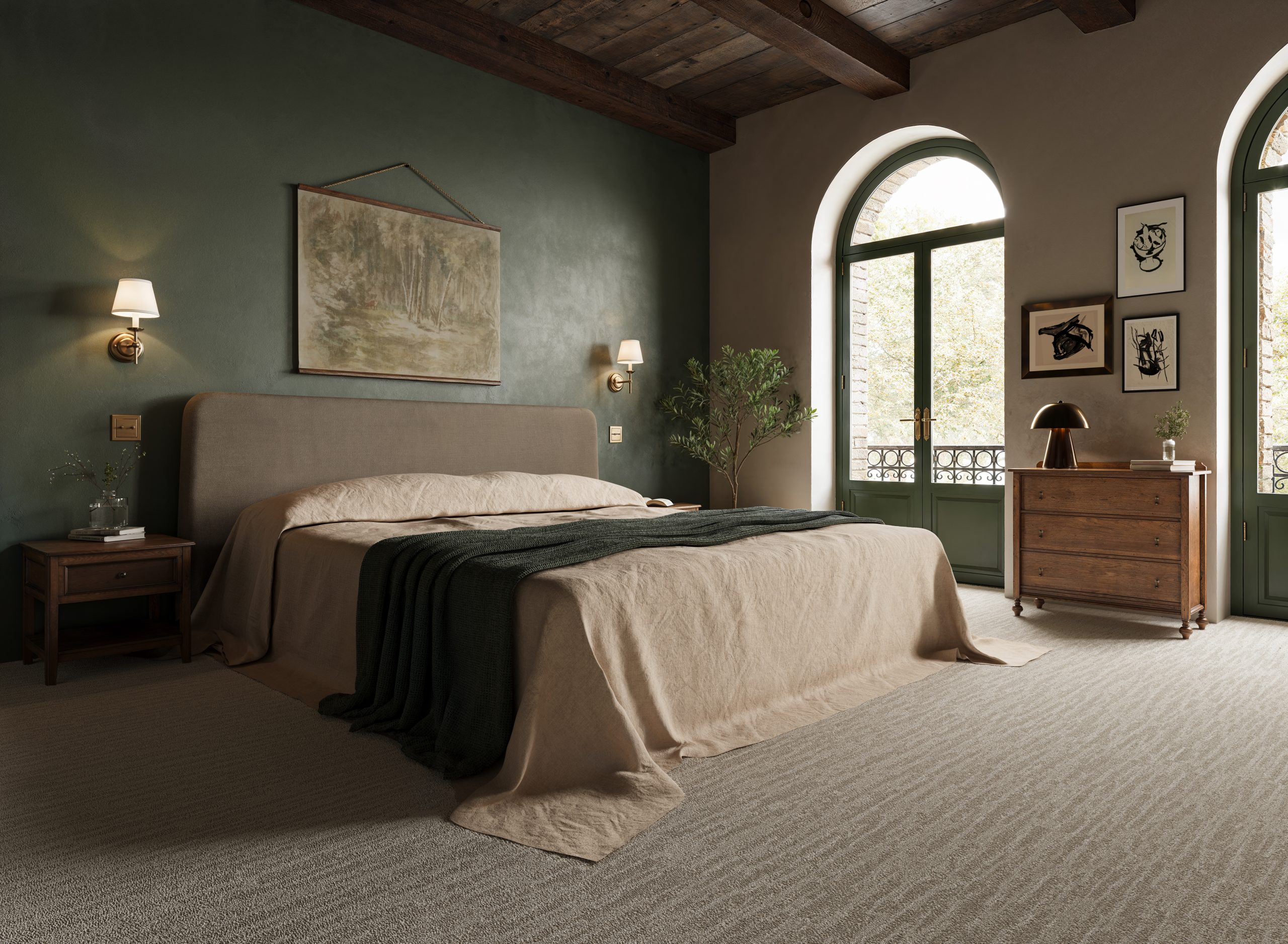 Oatmeal carpet installed in a bedroom with warm neutral decor