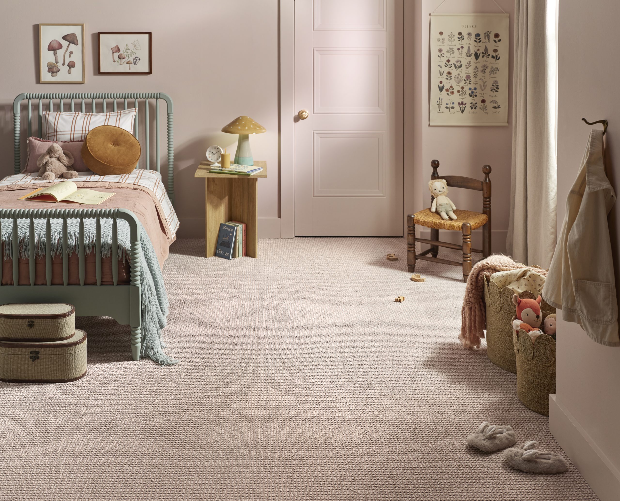 Neutral carpet flooring installed in a bright living room